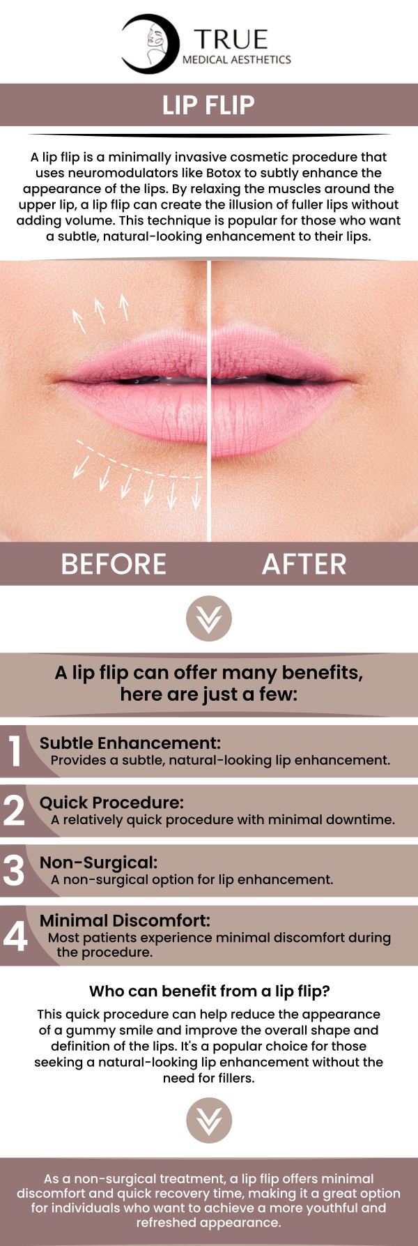 A lip flip is a noninvasive cosmetic procedure that uses botulinum toxin to relax the muscles around the upper lip to create a fuller, more defined lip. This quick and affordable treatment enhances your natural look without adding volume. Contact Tristen Durkin, RN, and her trained team to get a detailed consultation about your skin. For more information, contact us or schedule an appointment online. We are conveniently located at 50 Avon Meadow Ln, Avon, CT 06001.
