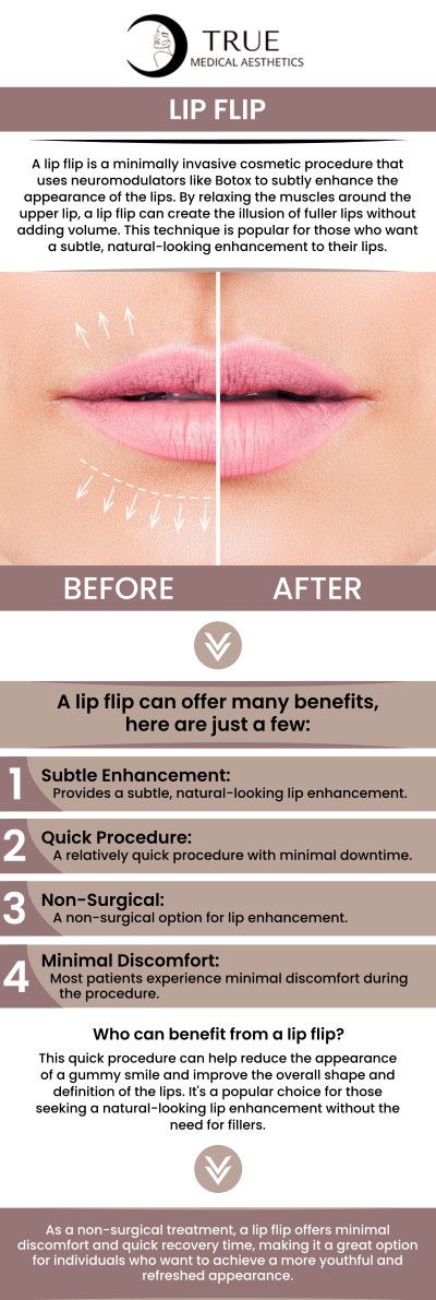 A lip flip is a noninvasive cosmetic procedure that uses botulinum toxin to relax the muscles around the upper lip to create a fuller, more defined lip. This quick and affordable treatment enhances your natural look without adding volume. Contact Tristen Durkin, RN, and her trained team to get a detailed consultation about your skin. For more information, contact us or schedule an appointment online. We are conveniently located at 50 Avon Meadow Ln, Avon, CT 06001.