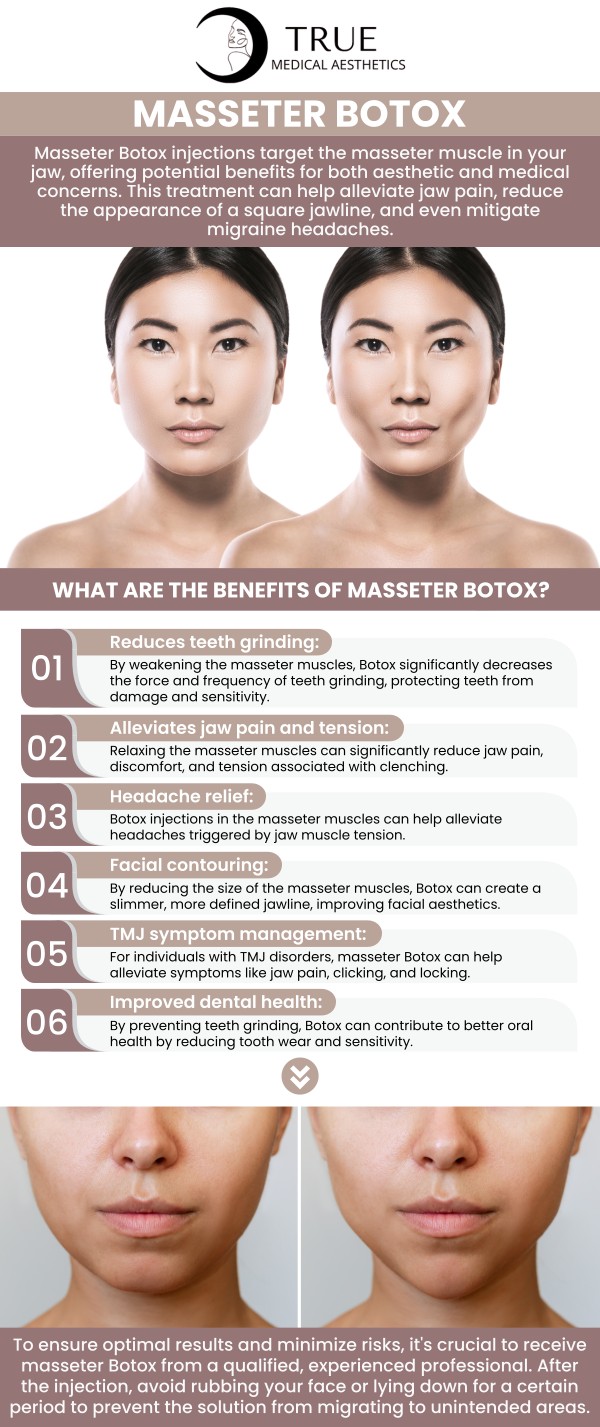 At True Medical Aesthetics, Tristen Durkin, RN, offers specialized Masseter Botox treatments to provide relief for those suffering from the persistent ache of TMJ disorders and bruxism. Serving the Avon community, we focus on using precision-guided injections to relax the jaw muscles, reducing pain and preventing the long-term dental damage associated with chronic teeth grinding. For more information, please contact us or schedule an appointment online. We are conveniently located at 50 Avon Meadow Ln, Avon, CT 06001.