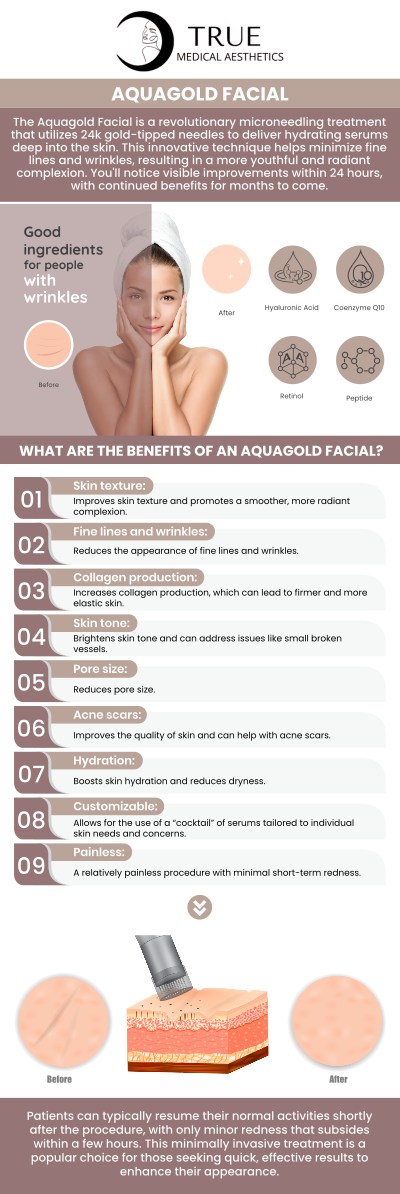 At True Medical Aesthetics, Tristen Durkin, RN, offers the luxurious Aquagold facial treatment, known as "Liquid Gold" for its ability to transform your skin. With its ability to target fine lines, uneven tone, and texture, the Aquagold facial is a favorite for those seeking a glowing, youthful appearance with minimal downtime. For more information, please contact us or schedule an appointment online. We are conveniently located at 50 Avon Meadow Ln, Avon, CT 06001. At True Medical Aesthetics, Tristen Durkin, RN, offers the luxurious Aquagold facial treatment, known as "Liquid Gold" for its ability to transform your skin. With its ability to target fine lines, uneven tone, and texture, the Aquagold facial is a favorite for those seeking a glowing, youthful appearance with minimal downtime. For more information, please contact us or schedule an appointment online. We are conveniently located at 50 Avon Meadow Ln, Avon, CT 06001.